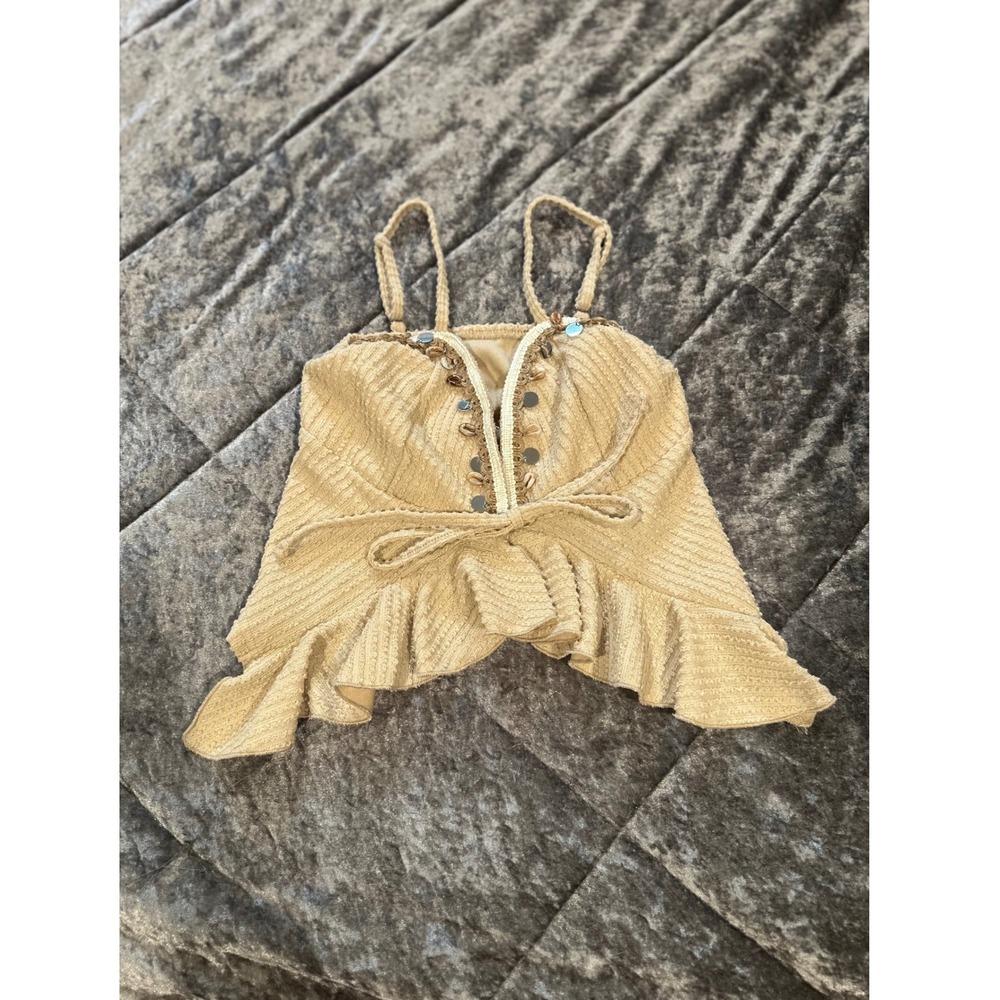 Shell Embellished Tan Ruffle Crop Top Women's Small